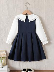 Galaxy Graffiti 4-7 Years Old Girls Dress, Spring/Autumn New Peter Pan Collar Bow Letter Embroidery Long Sleeve Dress, Campus Daily Wear/ - Navy Blue - View 5
