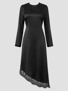 Elegant Black Round Neck Long Sleeve Slim Fit Mid-Length Dress With Asymmetrical Contrast Color Lace Hem - Black - View 6