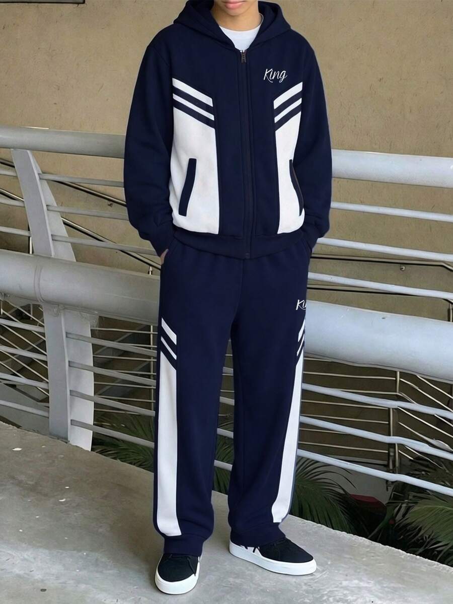 Set de 2 piezas de sudadera con capucha y pantalones de contraste de color con estampado de KING para niños preadolescentes, para primavera/otoño - Azul Marino - Ver 1