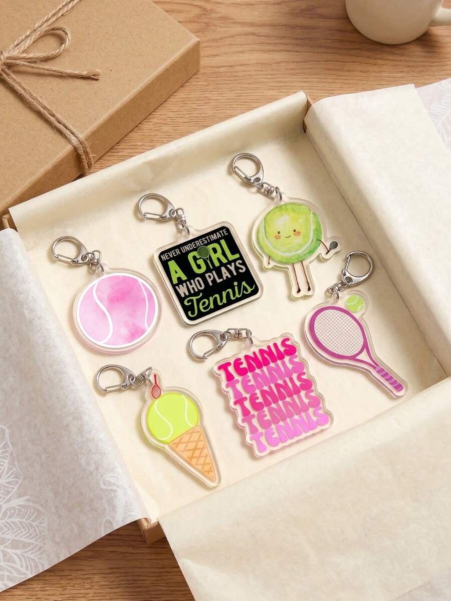 1/6pcs Tennis Acrylic Keychain, Tennis Fan Essential, Tennis Ball Shape, Suitable For Hanging On Tennis Bag, School Backpack Or Locker Keys - Multicolor - View 1
