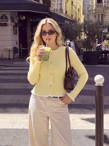 Nicenter Women's Autumn/Winter Comfortable Ribbed Knit Ruffle Trim Round Neck Button Short Cardigan Sweater Long Sleeve Basic Top - Yellow - View 3