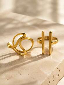 VceTd 1/2PCS Minimalist Business Style Hollow Geometric Line Decorated Stainless Steel Women's Single Ring, Suitable For Daily Wear Or Fashion Street Photography - Yellow Gold - View 1