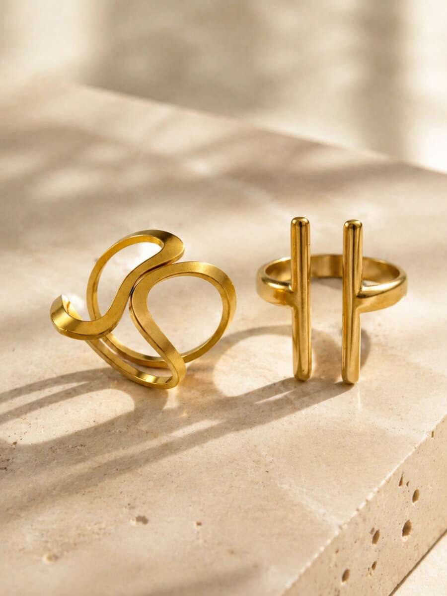 VceTd 1/2PCS Minimalist Business Style Hollow Geometric Line Decorated Stainless Steel Women's Single Ring, Suitable For Daily Wear Or Fashion Street Photography - Yellow Gold - View 1