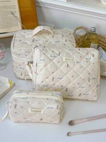 1pc Beige Quilted Bear Design Girls Makeup & Skincare Cosmetic Bag With Zipper, Travel & Vacation Essential Organizer For Sanitary Pads, Lipstick, Cosmetics, Perfume, Makeup Brushes, Suitable For Women, Students, Gift For Friends, Holiday Gift - Apricot - View 17