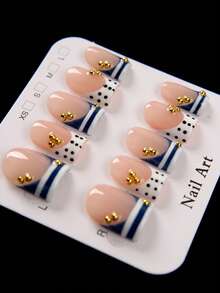 10pcs Short Square Handmade Press-On Nails, Glossy Nude Pink Navy Blue White Color Block French Tip Fake Nails With Black Polka Dots And Mini Shiny Gold Bead Decor, Reusable Acrylic Nail Tips, Cute Fresh Summer Pink Blue Manicure, Suitable For Women Girls Daily Party Date Vacation - Dusty Blue - View 3