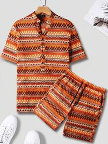 Men's Orange Vacation Style Half-Placket Short Sleeve Shirt And Shorts Set - Multicolor - View 4