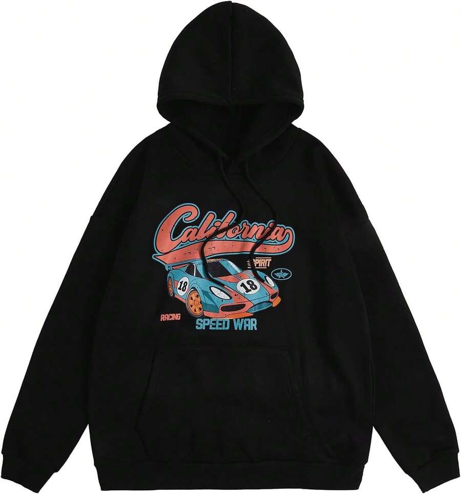 Women's Oversized Hoodies Vintage Car Graphic Fleece Sweatshirt Hooded Fall Top With Pocket - Black - View 1