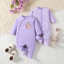 Conjunto de 2 peças para bebê menina (macacão com pezinho) – Roupa de manga longa com estampa de coelhinho de desenho animado na cor roxa; macio, confortável e perfeito para ficar em casa. - Roxo - Visão 8