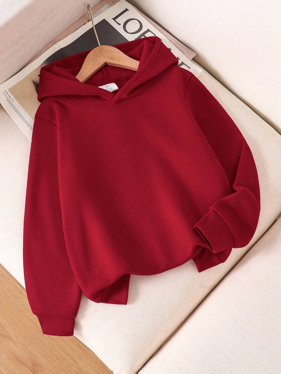 女童秋冬純色長袖休閒連帽衛衣,附保暖內裡 - 酒紅色 - 查看 1