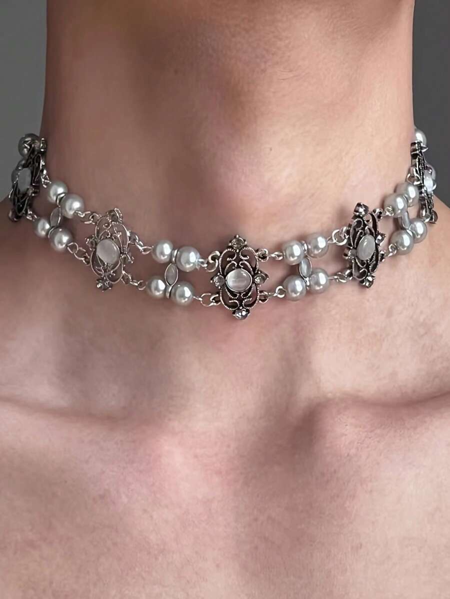 1pc Pearl Vintage Double Layer Tiger Eye Stone Necklace, Minimalist Heavy-Duty Y2K Hot Girl Collarbone Chain - Silver - View 1