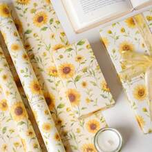 6 Sheets Sunflower Floral Gift Wrapping Paper, Vintage Floral Pattern Decorative Paper, Suitable For Gift Wrapping, Birthday Party DIY Crafts - Sunflower Wrapping Paper - View 1