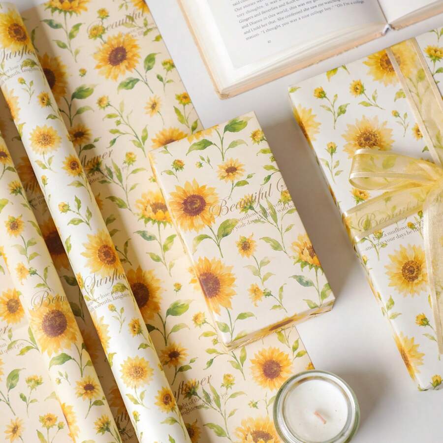 6 Sheets Sunflower Floral Gift Wrapping Paper, Vintage Floral Pattern Decorative Paper, Suitable For Gift Wrapping, Birthday Party DIY Crafts - Sunflower Wrapping Paper - View 1