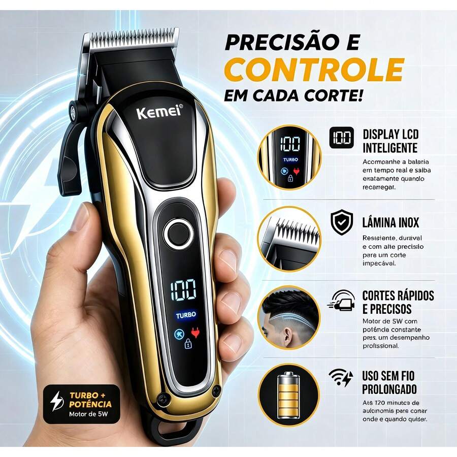 Máquina Cortar Cabelo Profissional Turbo Sem Fio Visor LCD KM-1990 Recarregável