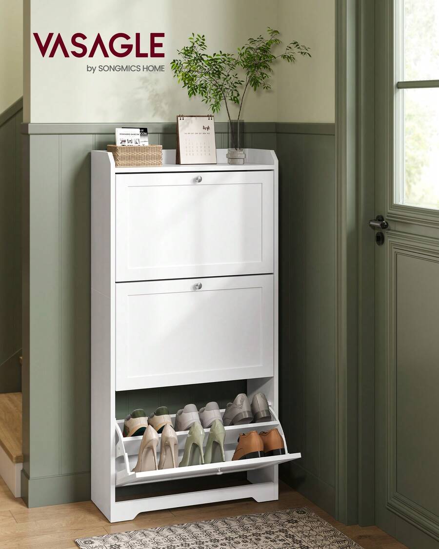 VASAGLE Shoe Cabinet With 3 Flip Drawers, Shoe Storage Cabinet, Adjustable And Removable Dividers, Holds Up To 18 Pairs Of Shoes, Entryway, 9.4 X 23.6 X 42.5 Inches - 白色 - 查看 1