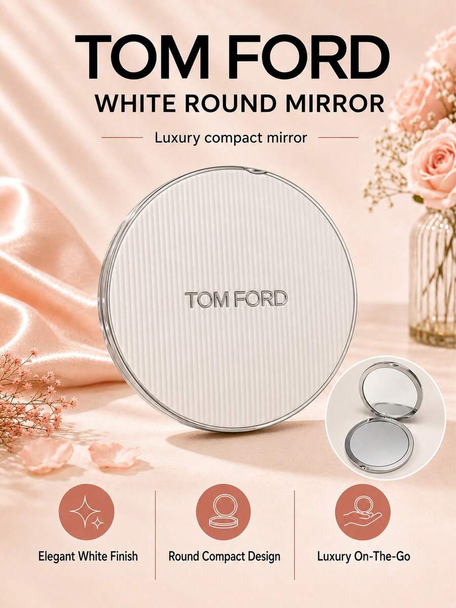 Tom Ford TF White Round Mirror, 7cm Diameter, Compact And Smooth Double-Sided Mirror, Portable For Storage, Perfect For Daily Touch-Ups, Travel, And Gifting