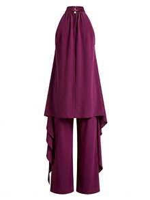 夏季優雅紫色掛脖不對稱兩件式套裝，掛脖高領無袖不對稱上衣搭配寬腿褲，適合商務晚餐派對 - 紫色 - 查看 9