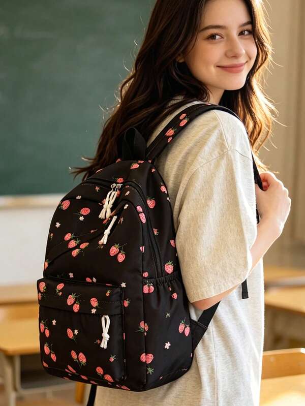 1pc Strawberry Print Backpack, Large Capacity Polyester Commuter Daily Bag, Multi-Layer Storage Casual School Bag, Lightweight Travel Backpack, Suitable For Students, Fresh Graduates, Young Adults, Applicable For Back To School, Daily Commute, Shopping, Short Trips And Outdoor Leisure Travel