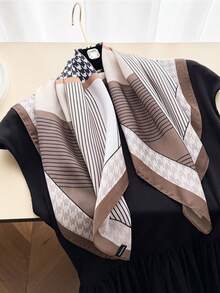 1pc Women's Vintage Houndstooth Diagonal Striped Small Square Bandana, Colorblock Geometric Patchwork Satin Silk Scarf, Versatile Necktie Hairband Bag Tie, Commuter Office Chic Outfit Accessory - Multicolor - View 1