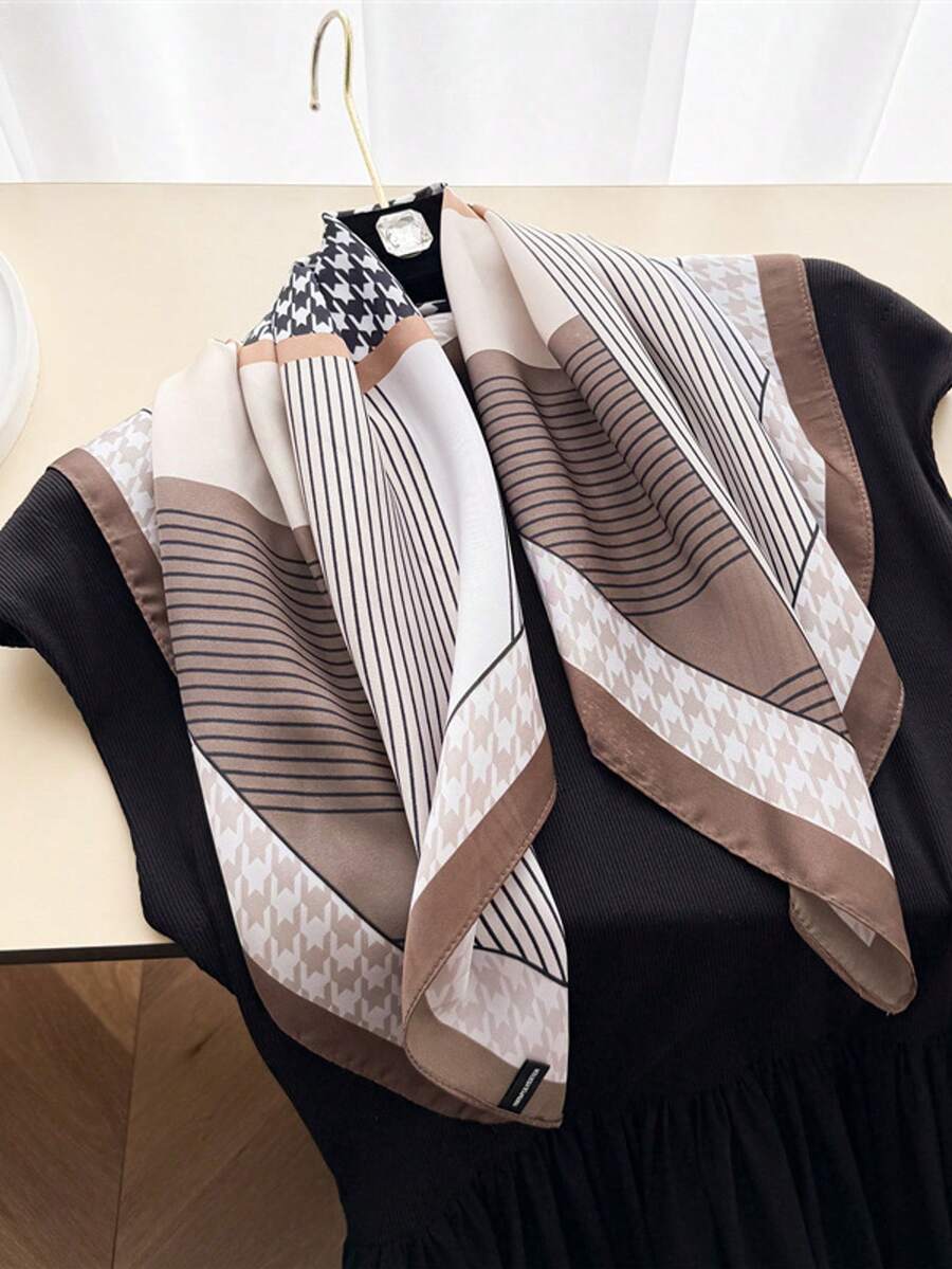 1pc Women's Vintage Houndstooth Diagonal Striped Small Square Bandana, Colorblock Geometric Patchwork Satin Silk Scarf, Versatile Necktie Hairband Bag Tie, Commuter Office Chic Outfit Accessory - Multicolor - View 1