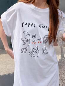 Pet Illustration Print White Short Sleeve T-Shirt Women's Loose Fit Casual - White - View 2