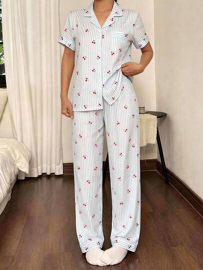 女款條紋櫻桃圖案短袖單排扣上衣與長褲家居服套裝，春/夏