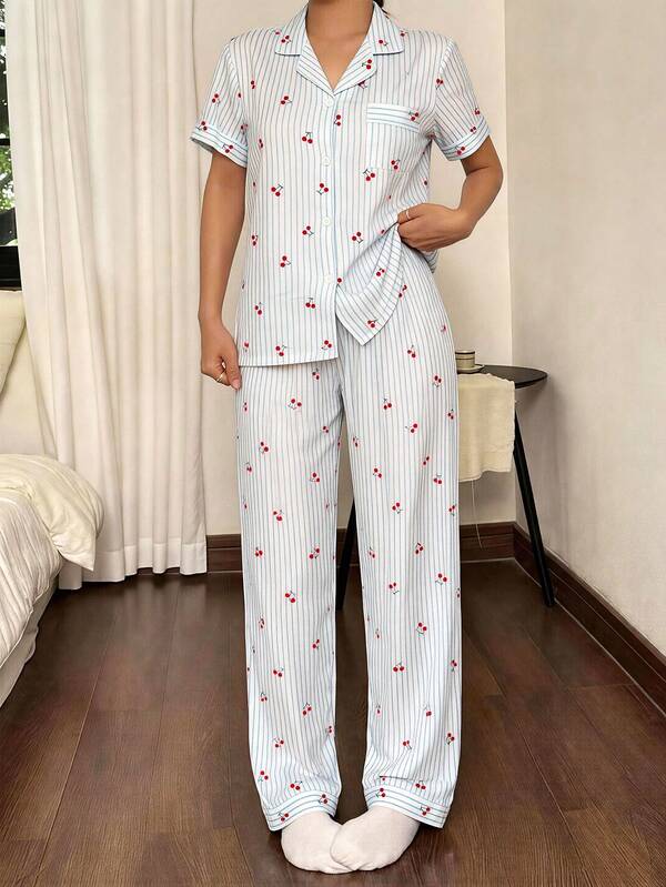 Women's Striped Cherry Pattern Short Sleeve Single-Breasted Top And Pants Loungewear Set, Spring/Summer