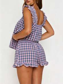 Women Summer Pajama Set Solid Flying Sleeve Tank Tops And Ruffle Shorts 2 Piece Casual Lounge Outfit - Purple - View 4