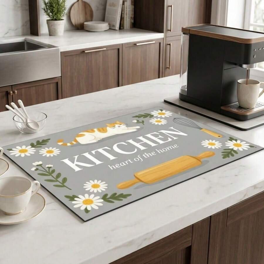 1 pieza Tapete de secado de platos, Tapete para cafetera, Tapete de secado de platos de cocina con patrón lindo de gato naranja & margarita, Protector de mesa de habitación, Regalo festivo, Decoración de cocina