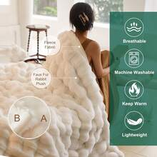 EDIMENS Faux Rabbit Fur Throw Blanket For Sofa, Reversible, Soft And Fluffy, Thick And Warm Plush Blanket For Sofa, Bed And Armchair, Decoration - 乳白色 - 查看 5