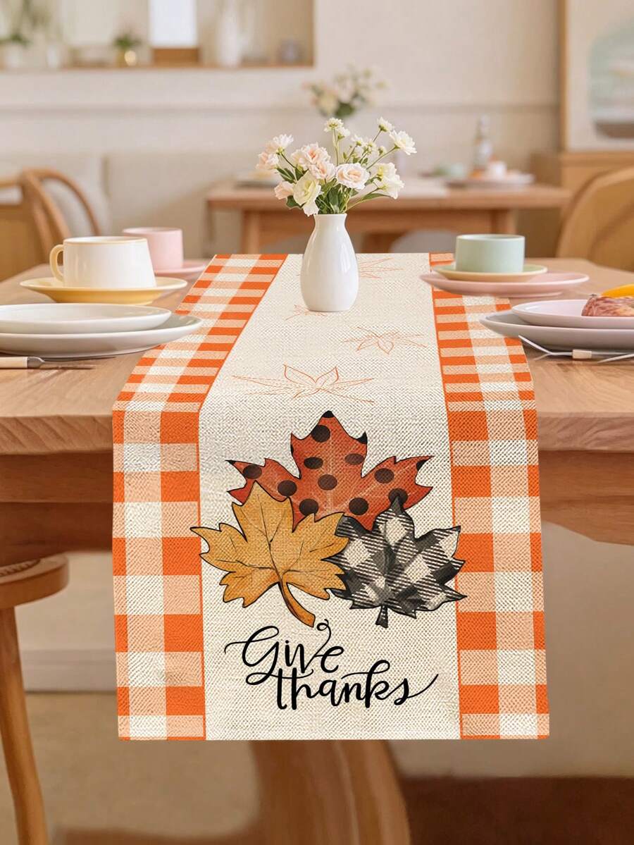 1pc Thanksgiving Series Maple Leaf Plaid Pattern Printed Table Runner, 4pcs Maple Leaf Pattern Printed Placemats, Suitable For Holiday, Party, Birthday, Dinner, Kitchen Dining Table Decoration, All-Season Room Decor, Home Textile Decoration Table Runner - Multicolor - View 1
