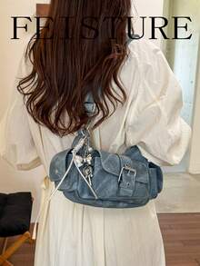 FEISTURE 1件 PU布料多口袋單肩斜跨包，小方包附肩帶，拉鍊開合，附吊飾，適合女孩、女性、大學生、職場新人與白領上班族，適用於工作、商務、通勤、上學 - 藍色 - 查看 5
