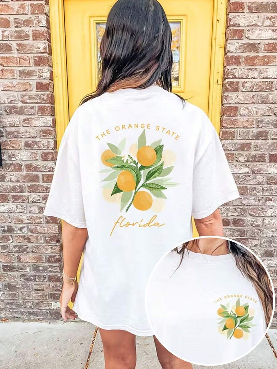 [Impression recto-verso] Vêtements décontractés amples pour femme, style frais, branches et feuilles d'oranger, t-shirt à manches courtes avec col rond et imprimé THE ORANGE STATE Florida. - Blanc - Voir 1