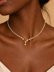 outingfit 1pc Water Drop Open Collar Necklace, Minimalist Rhinestone Clavicle Chain, Elegant Fashion Evening Dress Accessory - Gold - View 1