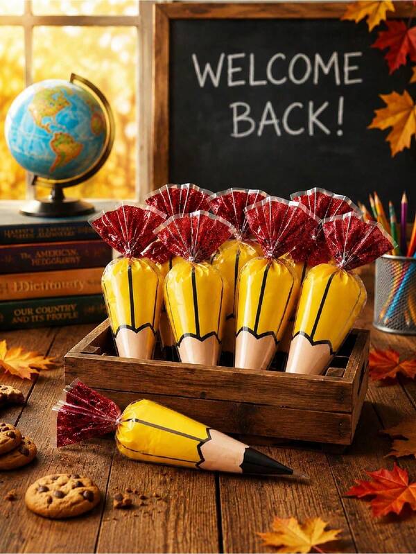 50pcs/Back To School Plastic Candy Bags, Pencil Shaped Candy Gift Bags And Cookie Bags - Perfect For Back To School And Teacher's Day Parties, As Well As Birthday Party Favors