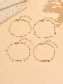 4pcs/Set Gelang Emas Mewah Serbaguna dengan Hati, Mutiara Imitasi, Berlian Imitasi, dan Simbol Tak Terhingga, Perhiasan Tangan Wanita Cocok untuk Perjalanan Sehari-hari, Kencan, Pakaian Gaya Dewasa, dan Acara Pesta - MultiWarna - View 2