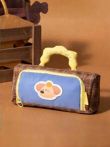 1pc Soft Handle Plaid Print Pencil Case, Large Capacity Stationery Storage Bag, Durable Thickened Fabric Zipper Portable Pencil Pouch, Layered Compartment Design Can Hold Ruler, Neutral Pen, Eraser, Highlighter, Compass And Other Writing Tools, Gentle Healing Cute Animal Pattern With Multiple Color Options, Suitable For Students, Teenagers, Office Workers, Travelers - Multicolor - View 8