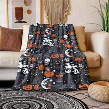 1pc Soft Comfortable Modern Flannel Blanket - Vintage Pumpkin Black Cat Ghost Crescent Moon Skull Halloween Flannel Fleece Blanket Black Full Print Bat Star Cartoon Bedroom Sofa Nap Throw Blanket - Digital Printing Craft, Suitable For Sofa, Bed, Travel, Office Home Decor - Multicolor - View 5