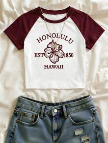 Women's Summer Minimalist Design Colorblock Raglan Sleeve Round Neck Letter & Floral Print Short Sleeve T-Shirt Top, Fashionable Versatile Casual Everyday Wear - Red and White - View 1