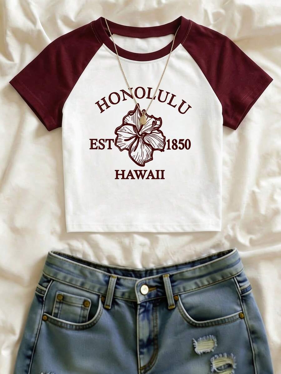 Women's Summer Minimalist Design Colorblock Raglan Sleeve Round Neck Letter & Floral Print Short Sleeve T-Shirt Top, Fashionable Versatile Casual Everyday Wear - Red and White - View 1