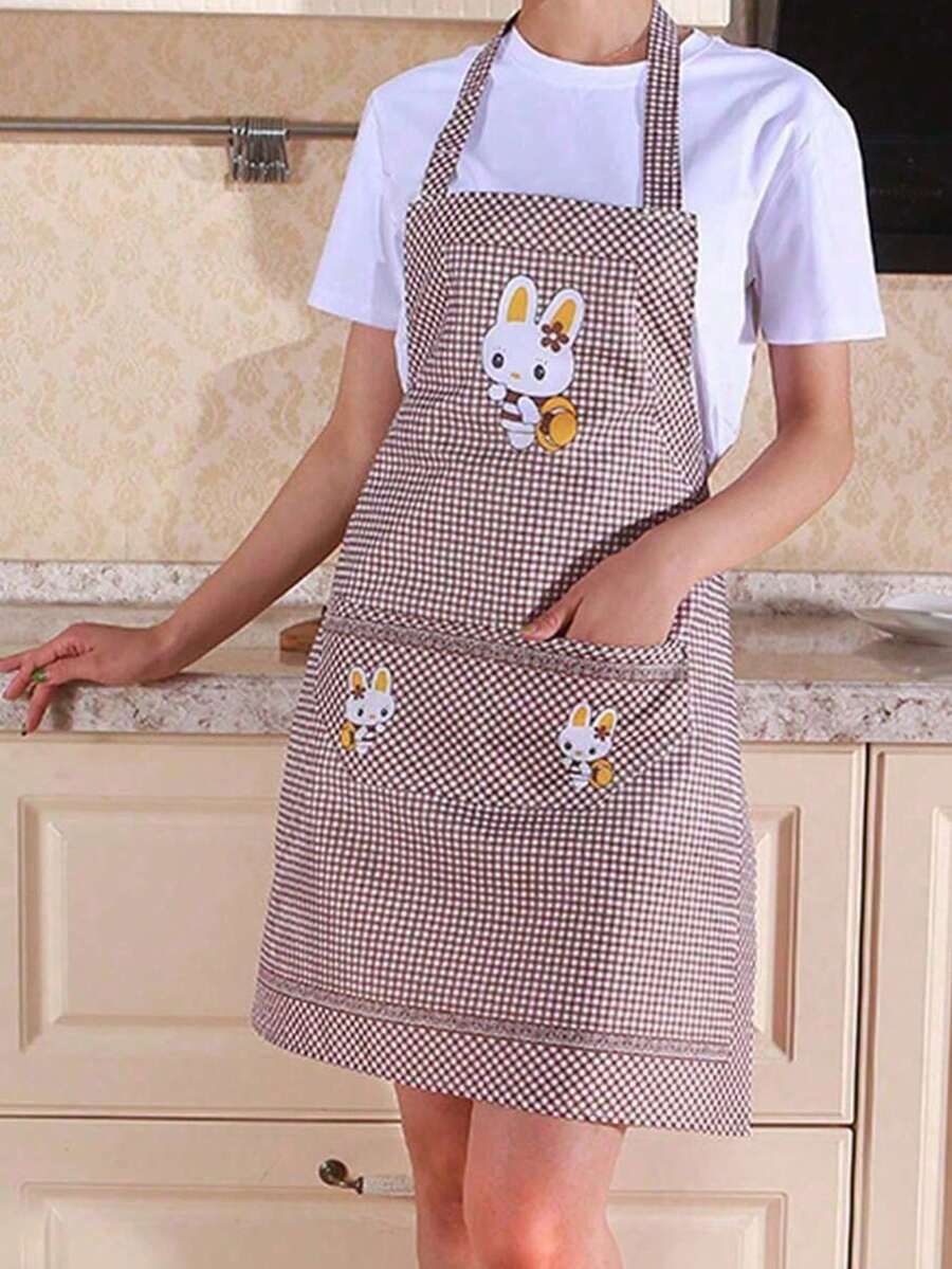 1 Piece/Convenient Polyester Adult Apron With Rabbit Pattern, Kitchenware, Mother's Day Gift, Kitchen Accessory, Friend Gift, Cooking Apron - Brown - View 1