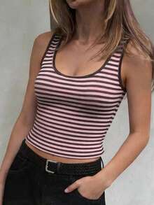 Women Fall Pink Brown Stripe Tank Top,Square Neck Slim Crop Camisole For Back To School Daily Going Out - Pink - View 3