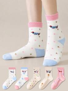 ZUJO 5 Pairs Women's Mid-Calf Socks, Star Bow Polka Dot Cartoon Puppy Pattern Short Socks, Simple And Comfortable, Suitable For Spring Autumn Winter Sports Wear - Multicolor - View 1