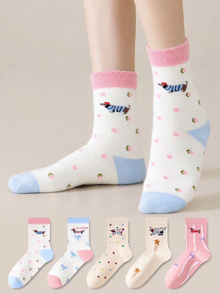 ZUJO 5 Pairs Women's Mid-Calf Socks, Star Bow Polka Dot Cartoon Puppy Pattern Short Socks, Simple And Comfortable, Suitable For Spring Autumn Winter Sports Wear - Multicolor - View 1