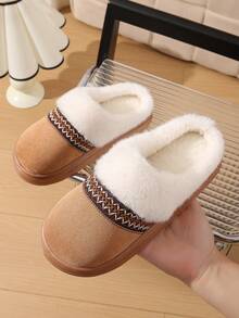 New Men's Slippers Home Autumn/Winter Slippers Fabric New Comfortable Thick Sole Fuzzy Warm Slippers Retro Woven Strap Couple Shoes Plus Size Casual Indoor Casual Men's Slippers Thickened Plush Floor Slippers - Khaki - View 2
