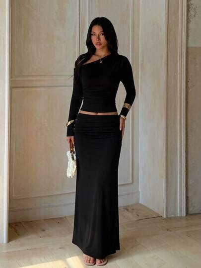 Women's Asymmetric Shoulder Long Sleeve Top And Skirt Casual Daily Set