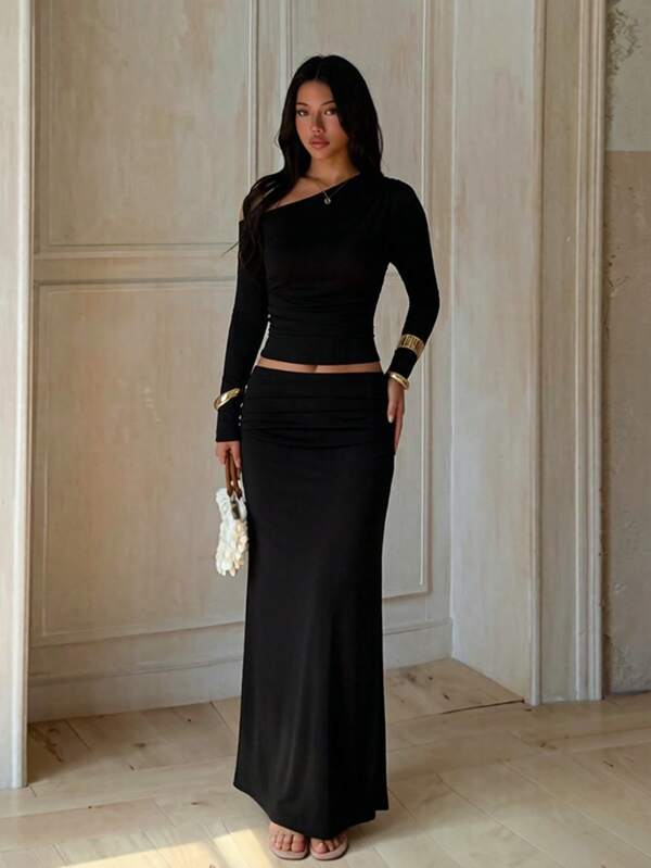 Women's Asymmetric Shoulder Long Sleeve Top And Skirt Casual Daily Set