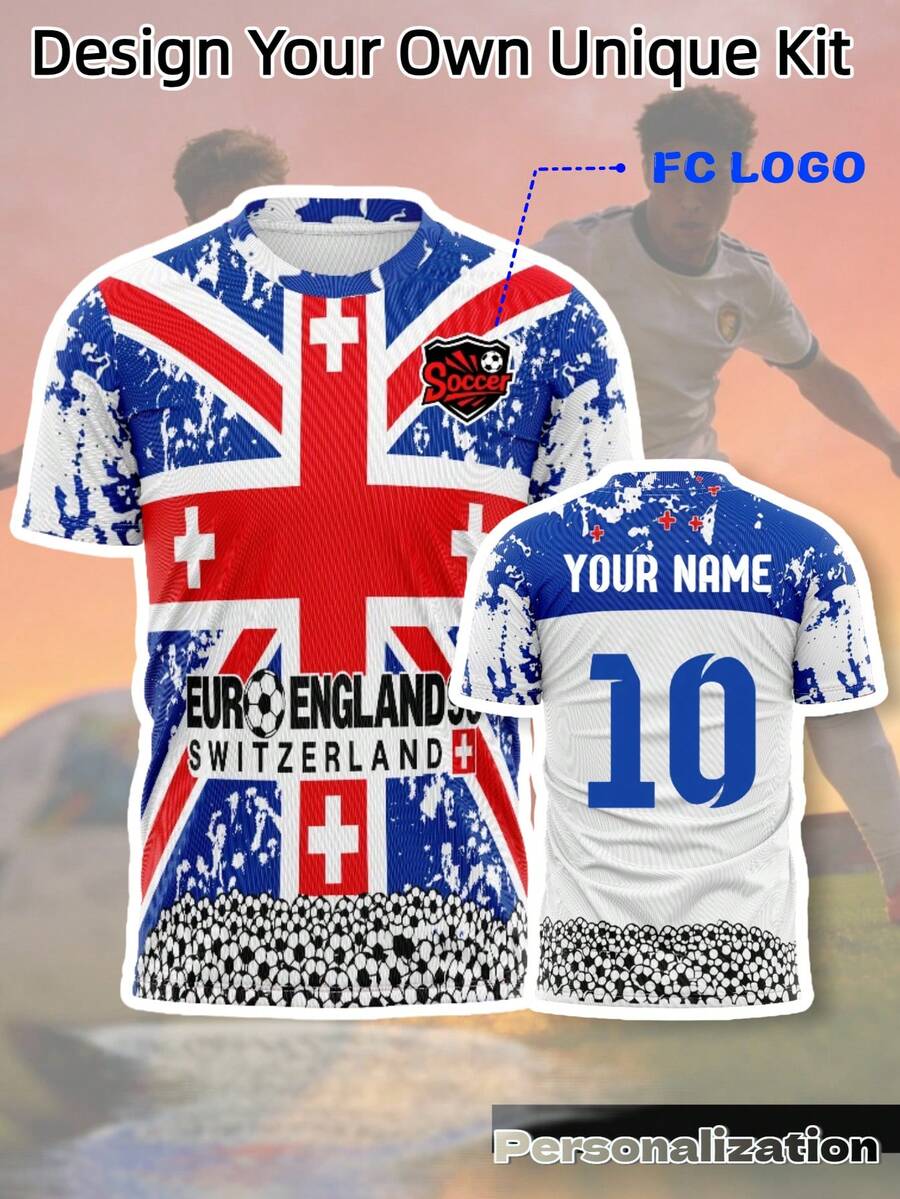 2026 英格蘭對瑞士復古做舊拼接國旗短袖足球球衣,快乾運動布料,夏季款 - 藍色 - 查看 1