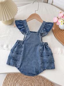 Cute & Playful Baby Girl Denim Romper With Ruffle Flutter Sleeves, Chest Embroidery, Adjustable Button Shoulder Straps - Medium Wash - View 2