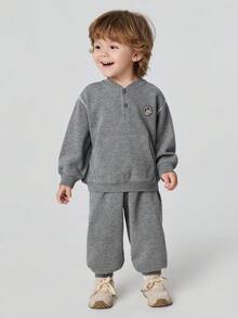 mini bala Baby Boys Girls Ribbed Cotton 2 Pieces Outfit Half Placket Sweatshirt Jogger Pants Set Soft Autumn Wear - Medium Gray - View 3