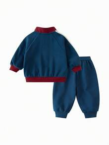 mini bala 兒童 2 件套復古校園夾克與長褲套裝，透氣休閒服飾，適合男孩女孩，秋冬穿著 - 深藍 - 查看 2
